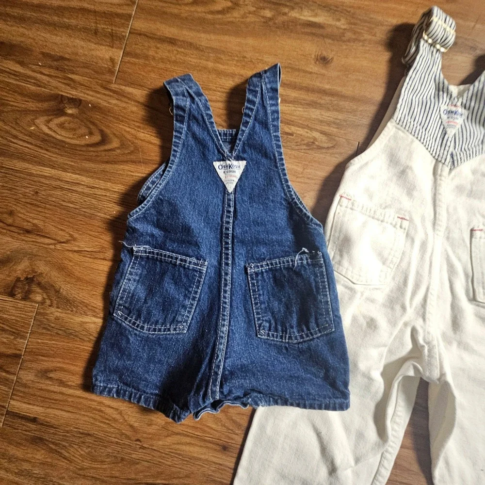 Lot of 2 Vintage OshKosh B'gosh Overalls Denim Shortalls Set 12M Made in USA